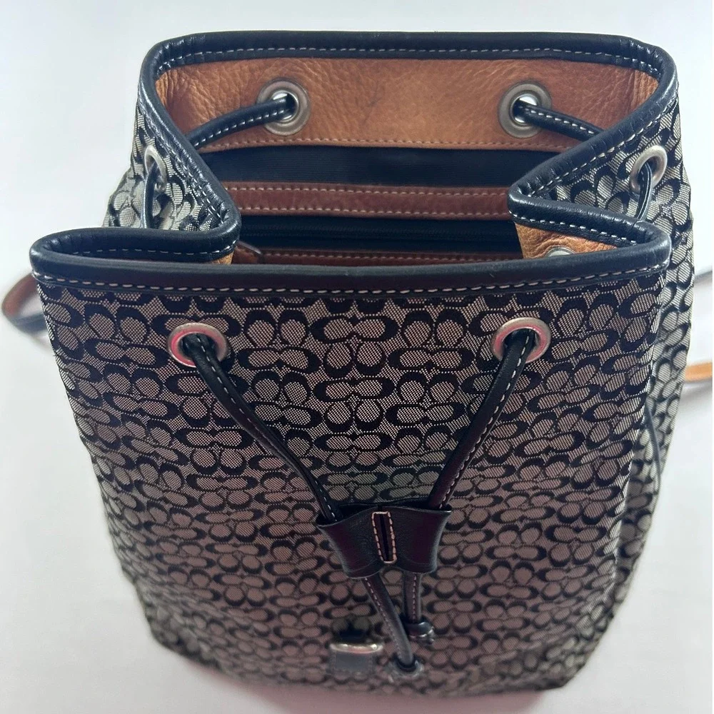 Coach Vintage Signature C Jacquard Backpack Black Leather Y2K Drawstring